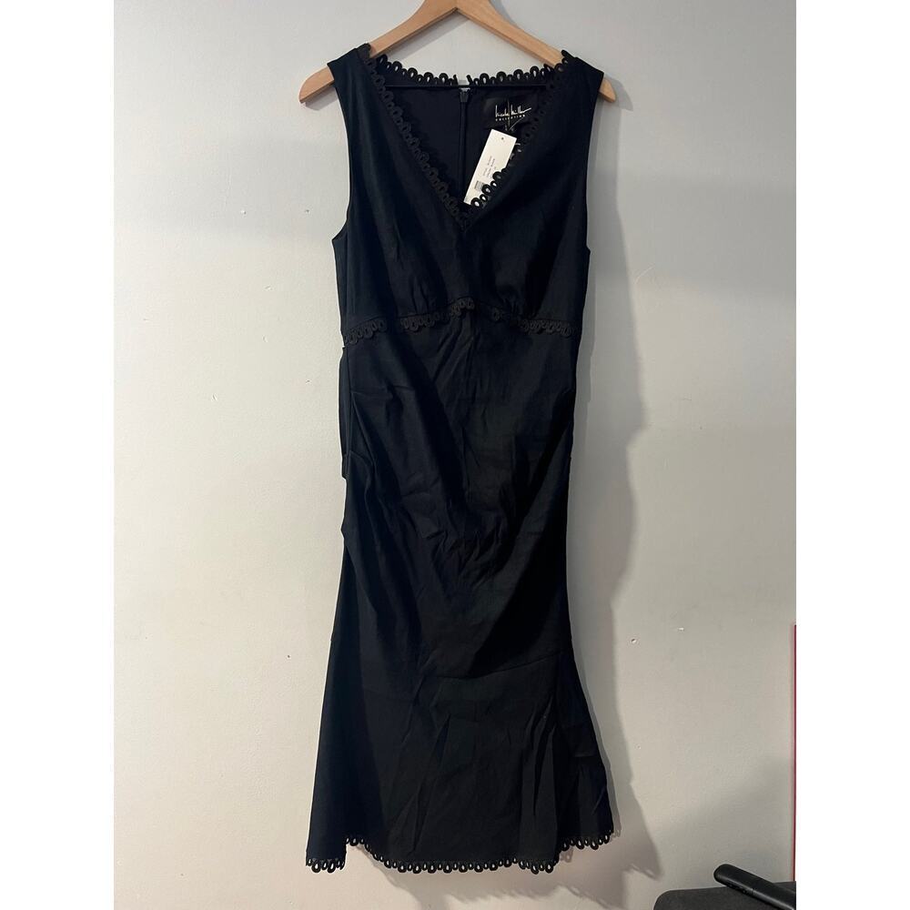 Nicole Miller v-neck linen blend black midi dress size 12